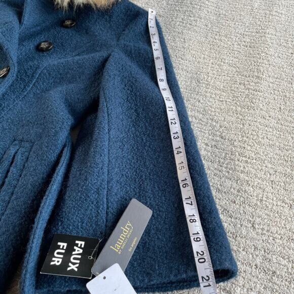 🔥NWT Laundry By Shelli Segal Wool Blend Double Breasted Faux Fur Collar Teal - Picture 13 of 13